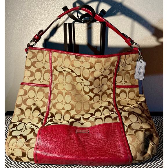 Coach Signature C Park Hobo Shoulder Bag Khaki Crimson F30341 - Picture 12 of 13